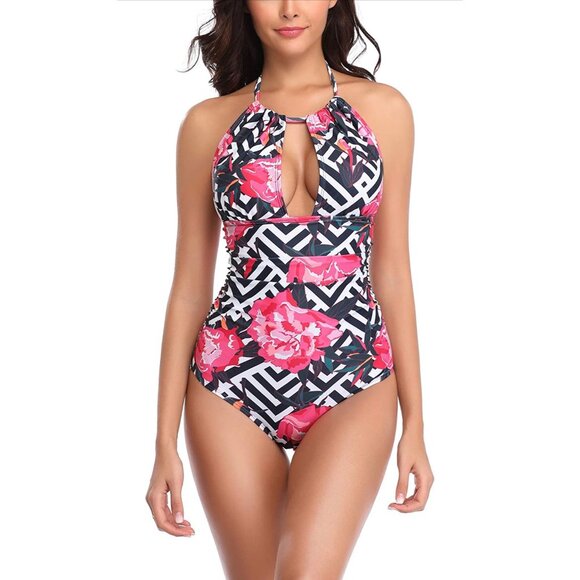 🍒 2/$20 New Women's One Piece Tummy Control Halter Top Bathing Suit Pink Floral - Picture 3 of 6